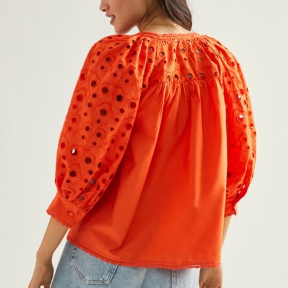 Anthropologie Chantal Eyelet Orange Puff Sleeve Button Down Crochet Tie Blouse - Picture 3 of 9